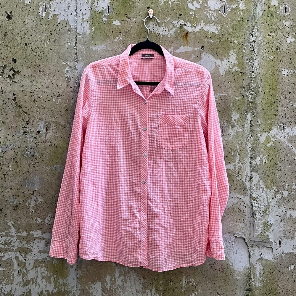 Eddie Bauer Classic Fit Vintage Women's Pink Check Button Down Top Blouse, Small